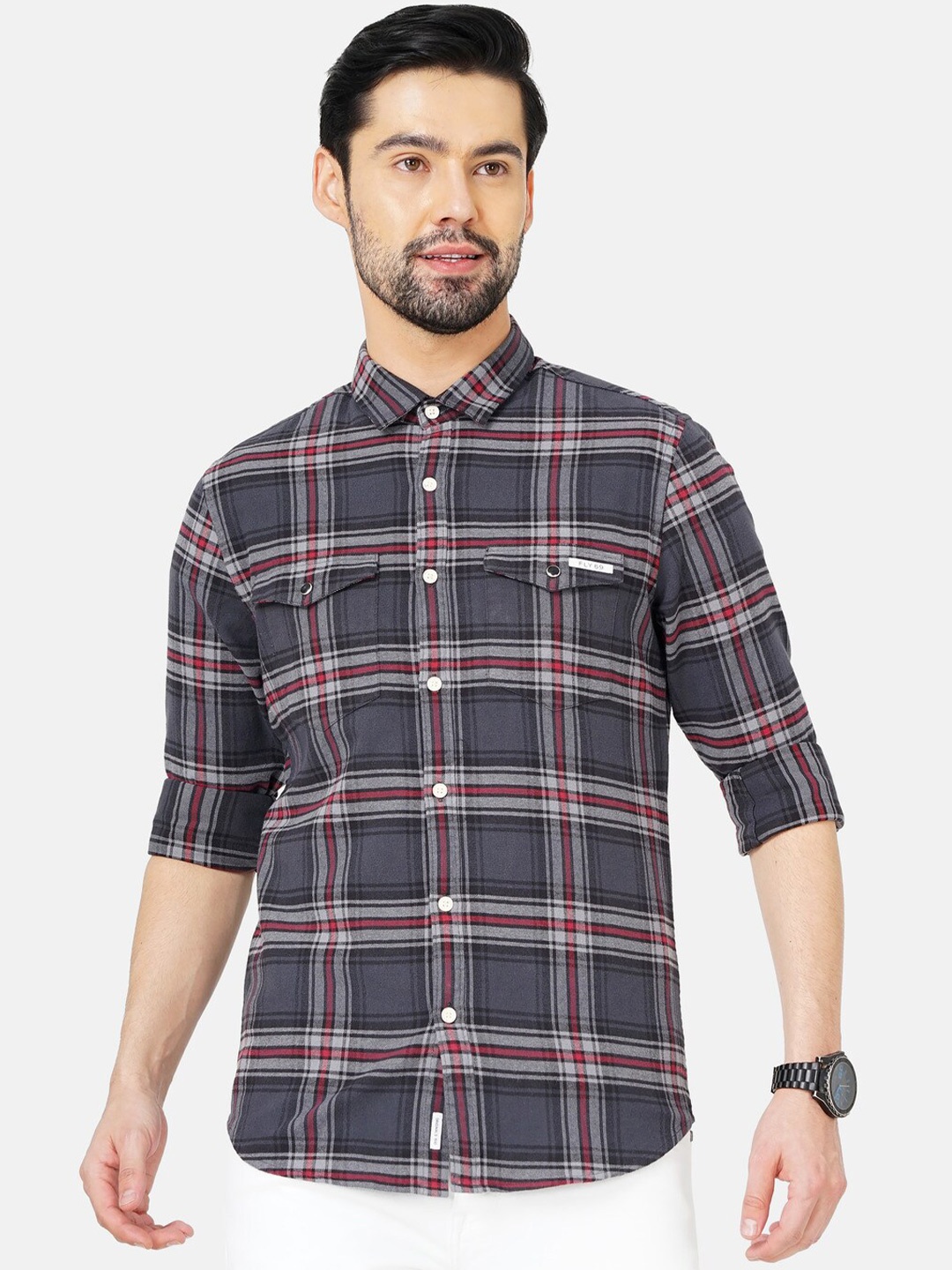 

FLY 69 Premium Slim Fit Checked Pure Cotton Casual Shirt, Grey