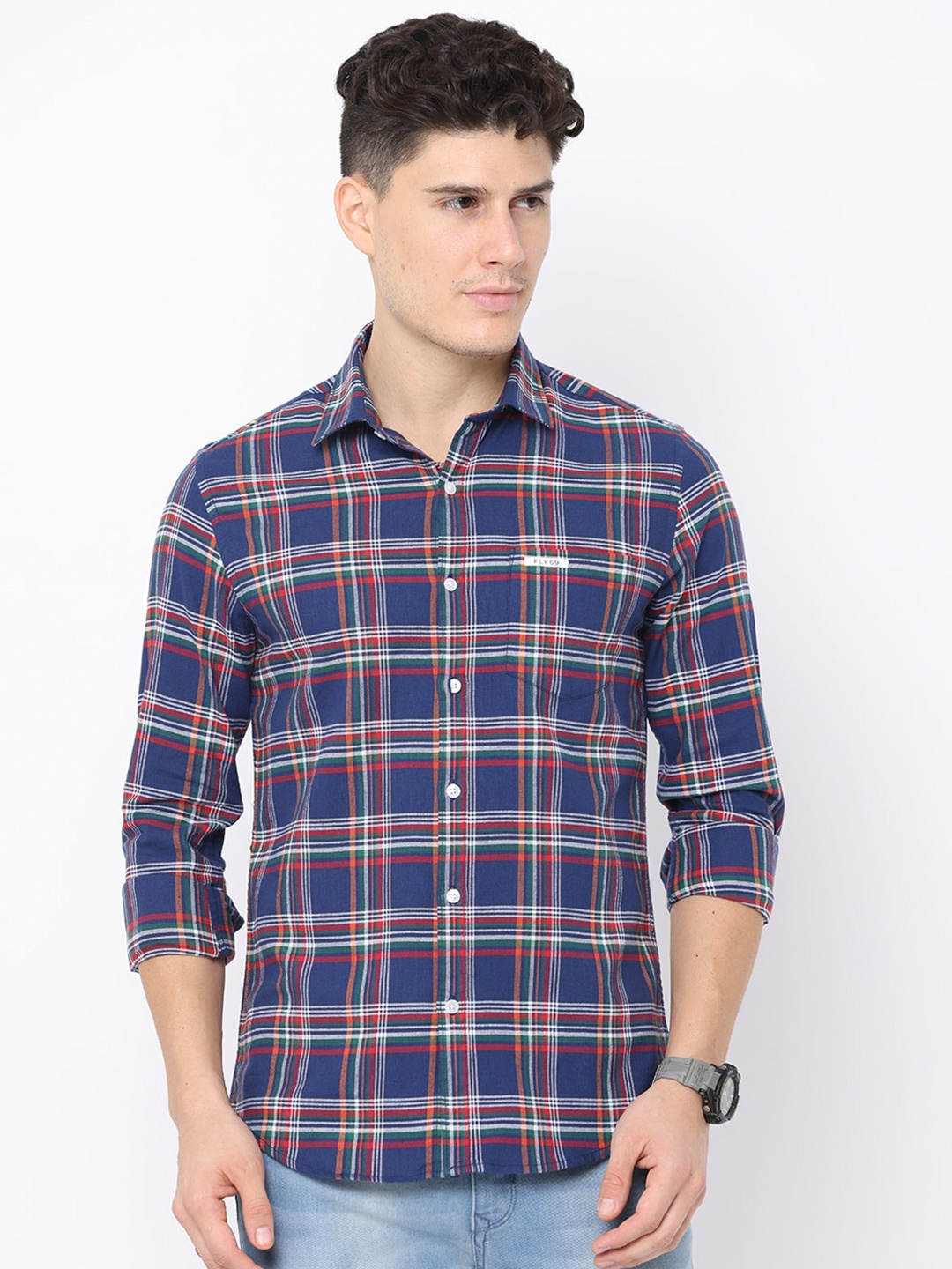 

FLY 69 Tartan Checked Cotton Premium Slim Fit Opaque Casual Shirt, Navy blue