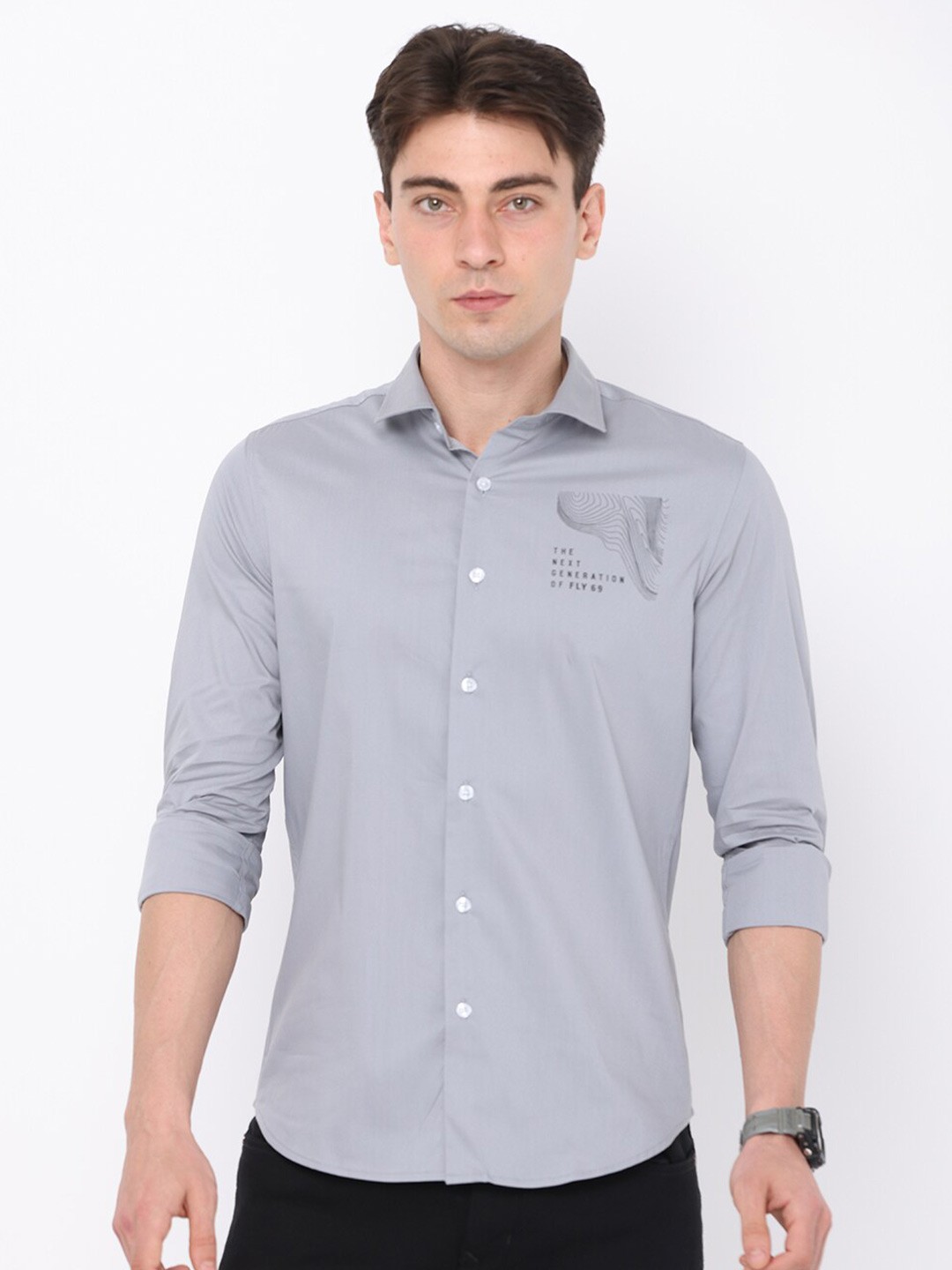 

FLY 69 Typography Printed Premium Slim Fit Opaque Cotton Casual Shirt, Grey
