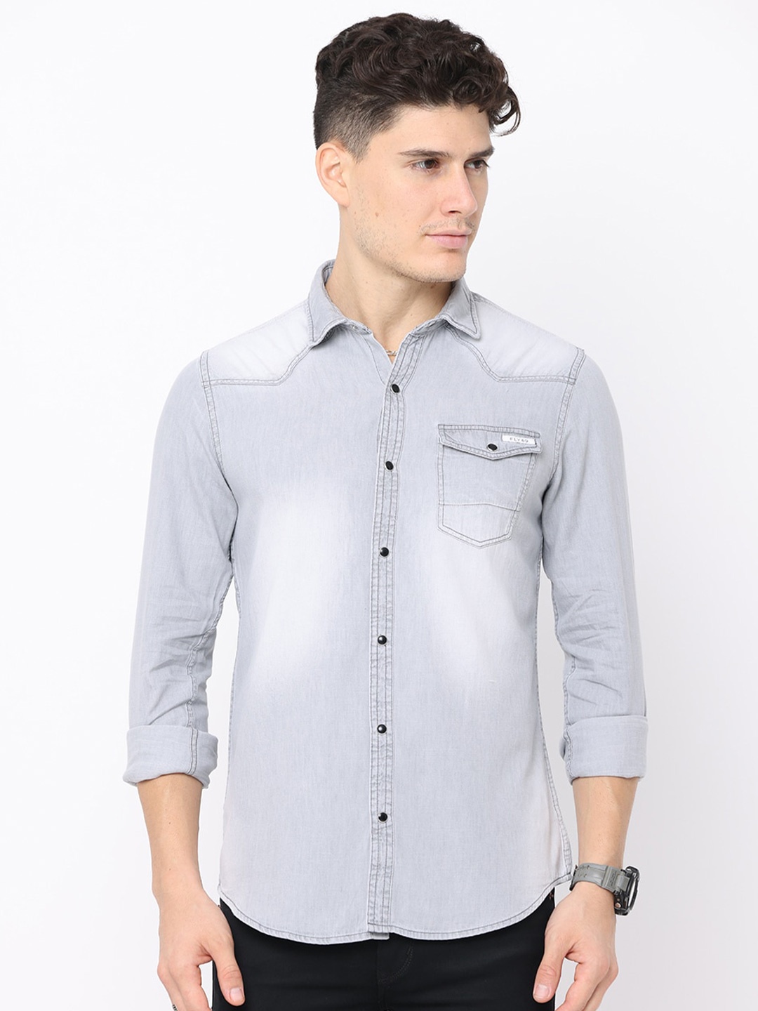 

FLY 69 Premium Slim Fit Faded Opaque Casual Pure Denim Shirt, Grey