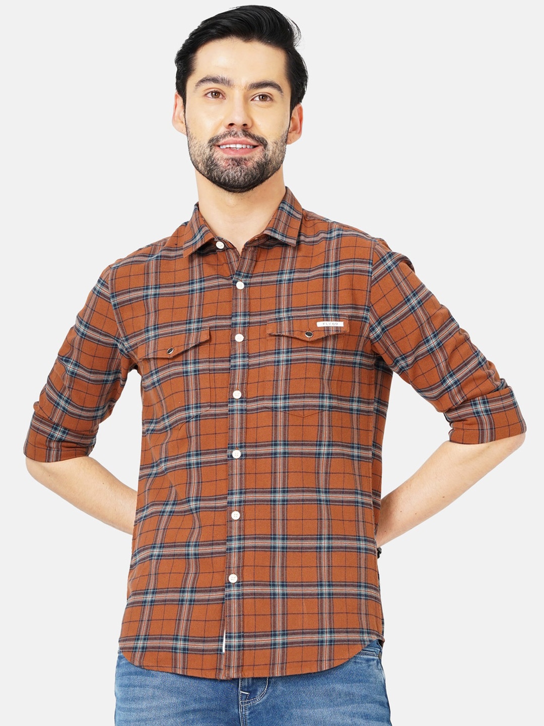 

FLY 69 Premium Slim Fit Opaque Checked Pure Cotton Casual Shirt, Brown