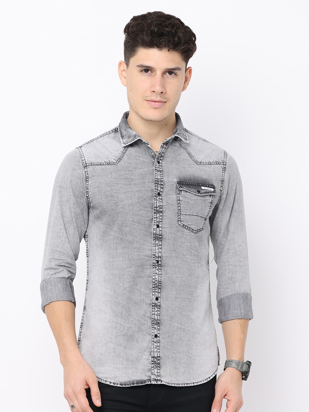 

FLY 69 Premium Slim Fit Faded Spread Collar Denim Casual Shirt, Grey