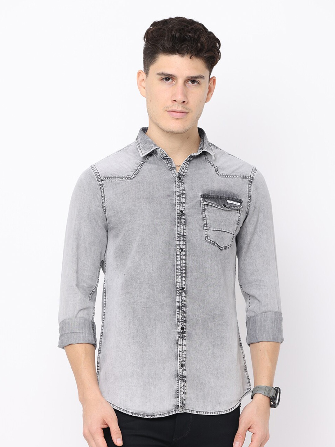 

FLY 69 Premium Slim Fit Spread Collar Faded Denim Casual Shirt, Grey