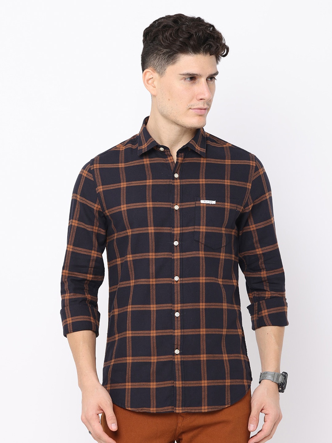 

FLY 69 Premium Slim Fit Spread Collar Checked Cotton Checked Casual Shirt, Brown
