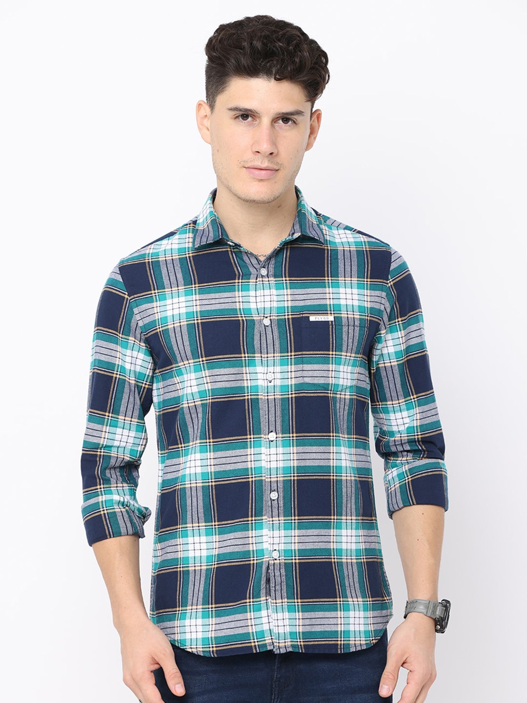 

FLY 69 Premium Slim Fit Tartan Checked Pure Cotton Casual Shirt, Green