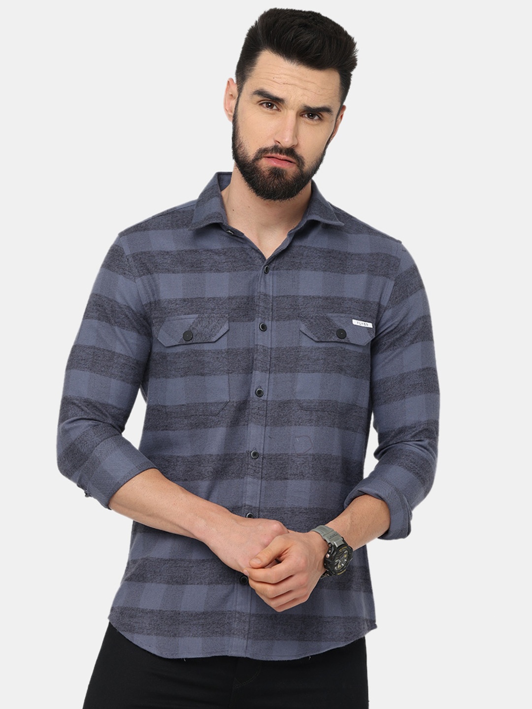 

FLY 69 Premium Slim Fit Buffalo Checked Casual Pure Cotton Shirt, Grey
