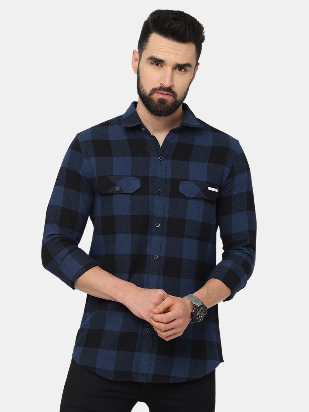 

FLY 69 Blue Premium Slim Fit Buffalo Checks Spread Collar Pocket Cotton Casual Shirt