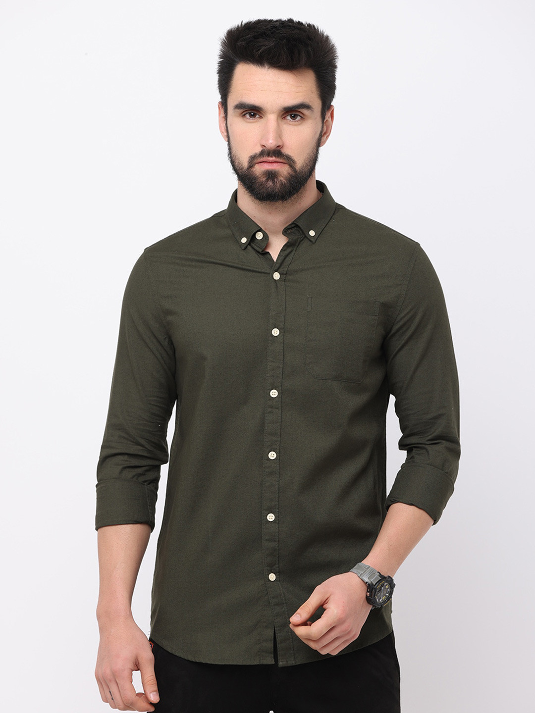 

FLY 69 Cotton Button-Down Collar Premium Slim Fit Opaque Casual Shirt, Green