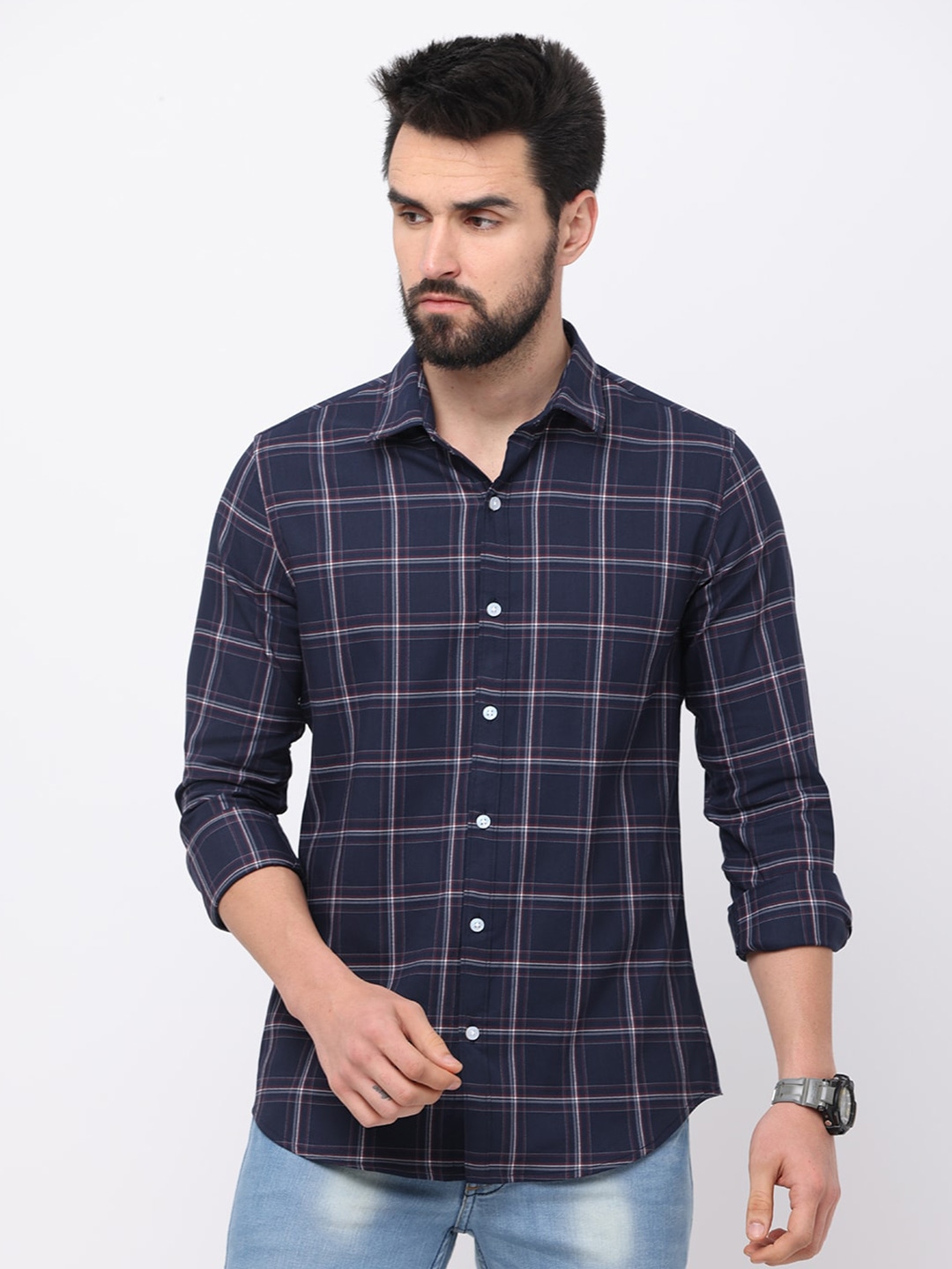 

FLY 69 Premium Slim Fit Windowpane Checks Opaque Pure Cotton Casual Shirt, Navy blue