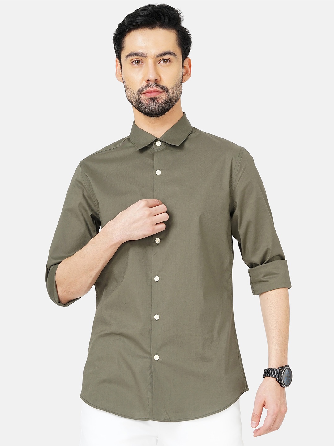 

FLY 69 Spread Collar Premium Slim Fit Pure Cotton Casual Shirt, Green