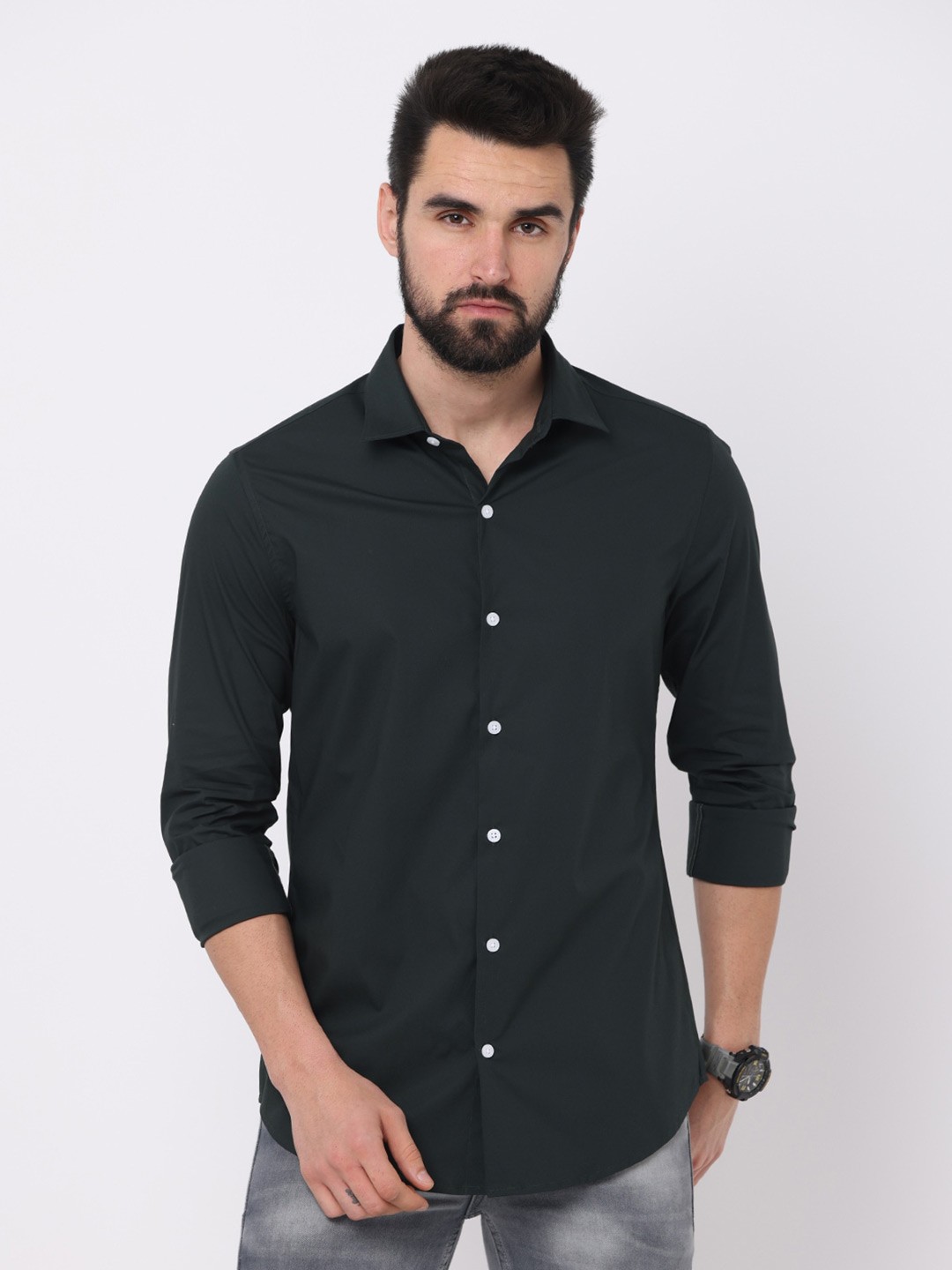 

FLY 69 Premium Slim Fit Opaque Pure Cotton Casual Shirt, Olive