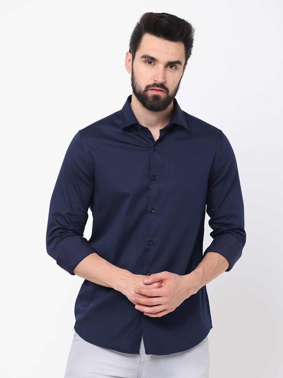 

FLY 69 Premium Spread Collar Slim Fit Pure Cotton Shirt, Navy blue