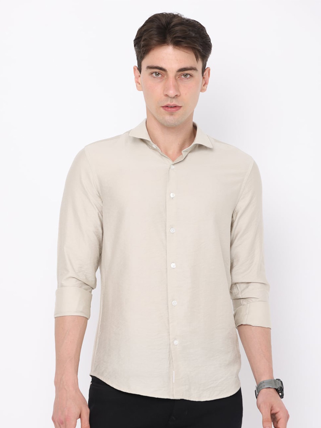 

FLY 69 Premium Spread Collar Slim Fit Cotton Casual Shirt, Beige