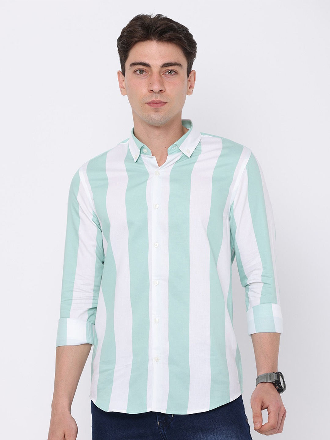 

FLY 69 Striped Premium Slim Fit Pure Cotton Casual Shirt, Green