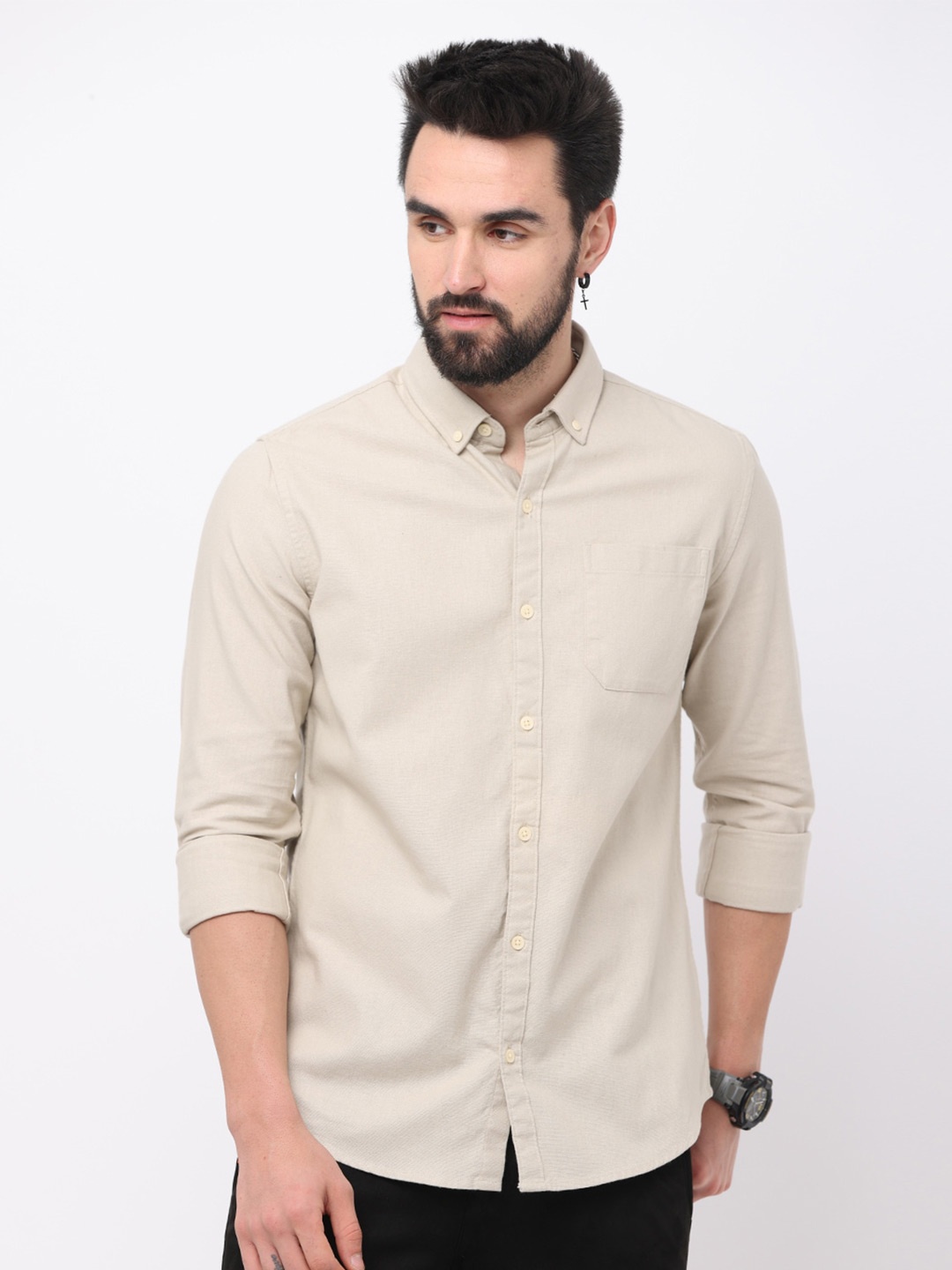 

FLY 69 Premium Slim Fit Button-Down Collar Pure Cotton Casual Shirt, Cream