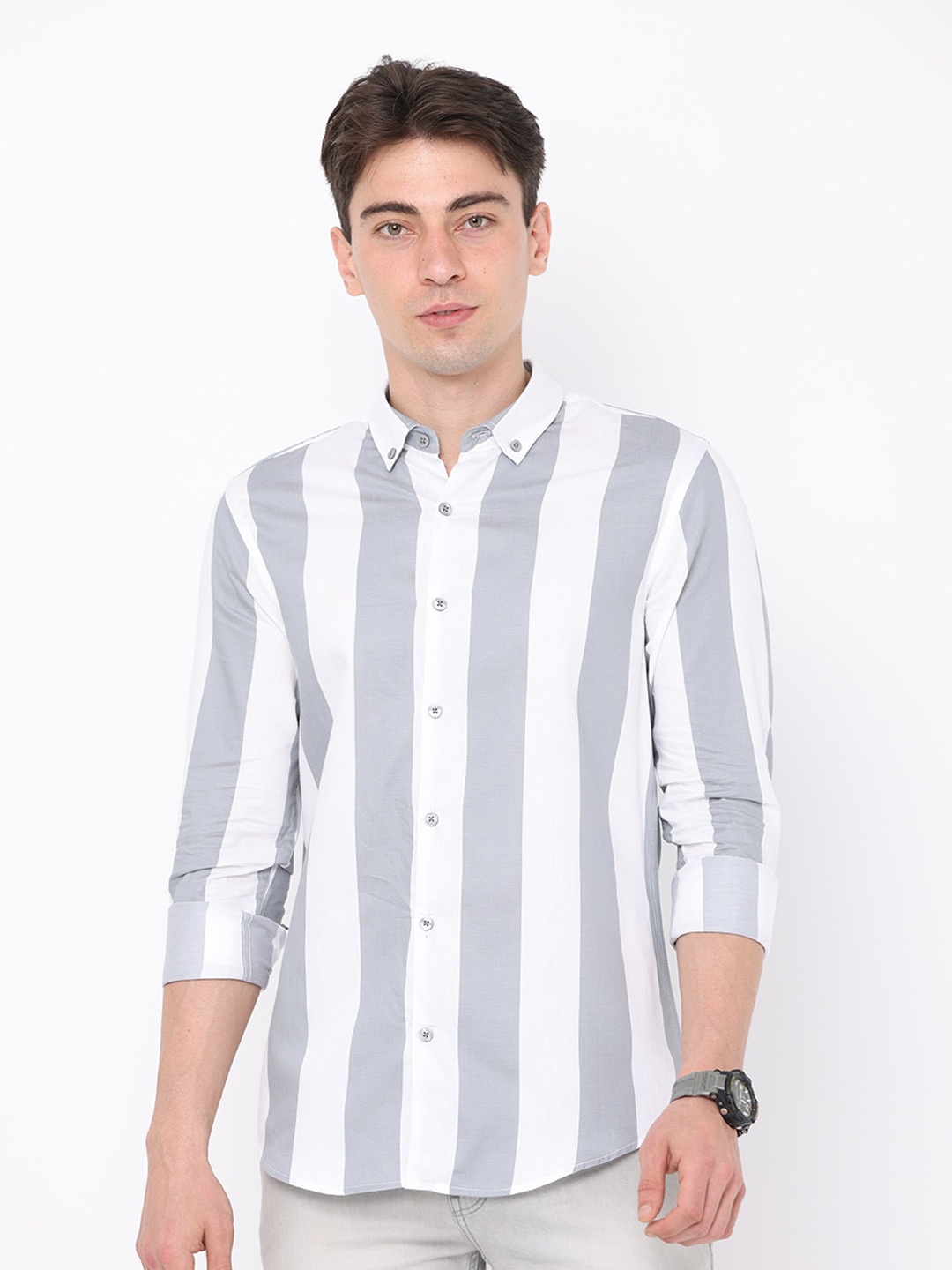 

FLY 69 Premium Slim Fit Vertical Striped Button-Down Collar Pure Cotton Casual Shirt, Grey