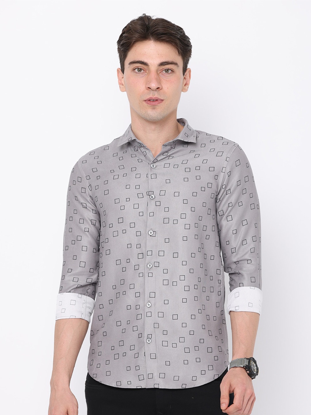 

FLY 69 Premium Slim Fit Geometric Printed Casual Shirt, Grey