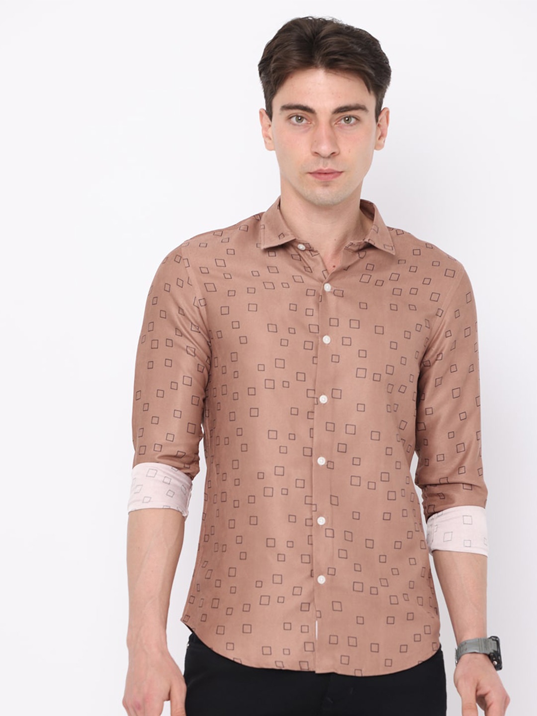 

FLY 69 Premium Slim Fit Geometric Printed Cotton Casual Shirt, Peach