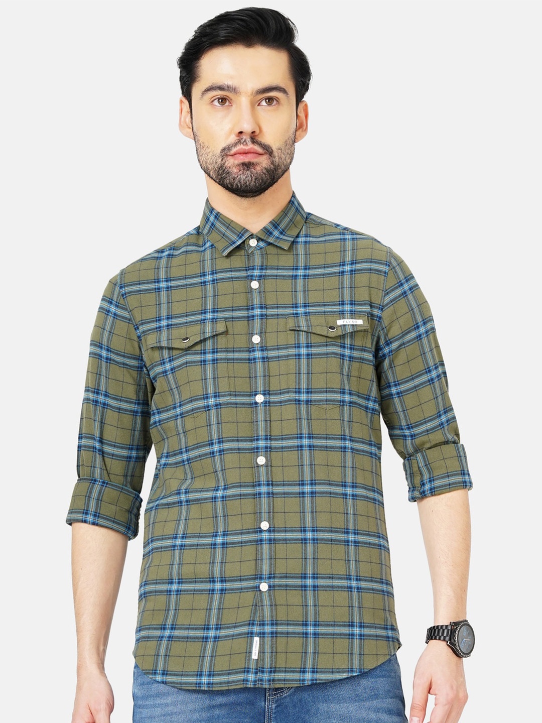 

FLY 69 Tartan Checked Premium Slim Fit Pure Cotton Casual Shirt, Green
