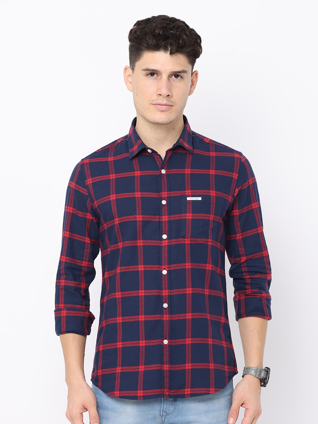 

FLY 69 Premium Slim Fit Checked Pure Cotton Casual Shirt, Navy blue