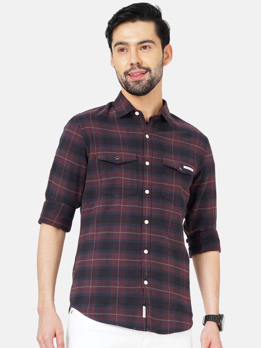 

FLY 69 Premium Slim Fit Checked Pure Cotton Casual Shirt, Red