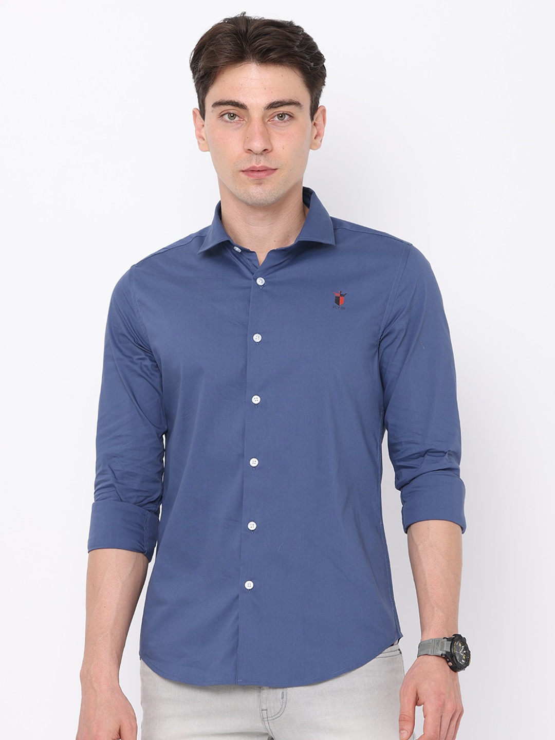 

FLY 69 Premium Slim Fit Spread Collar Pure Cotton Casual Shirt, Blue