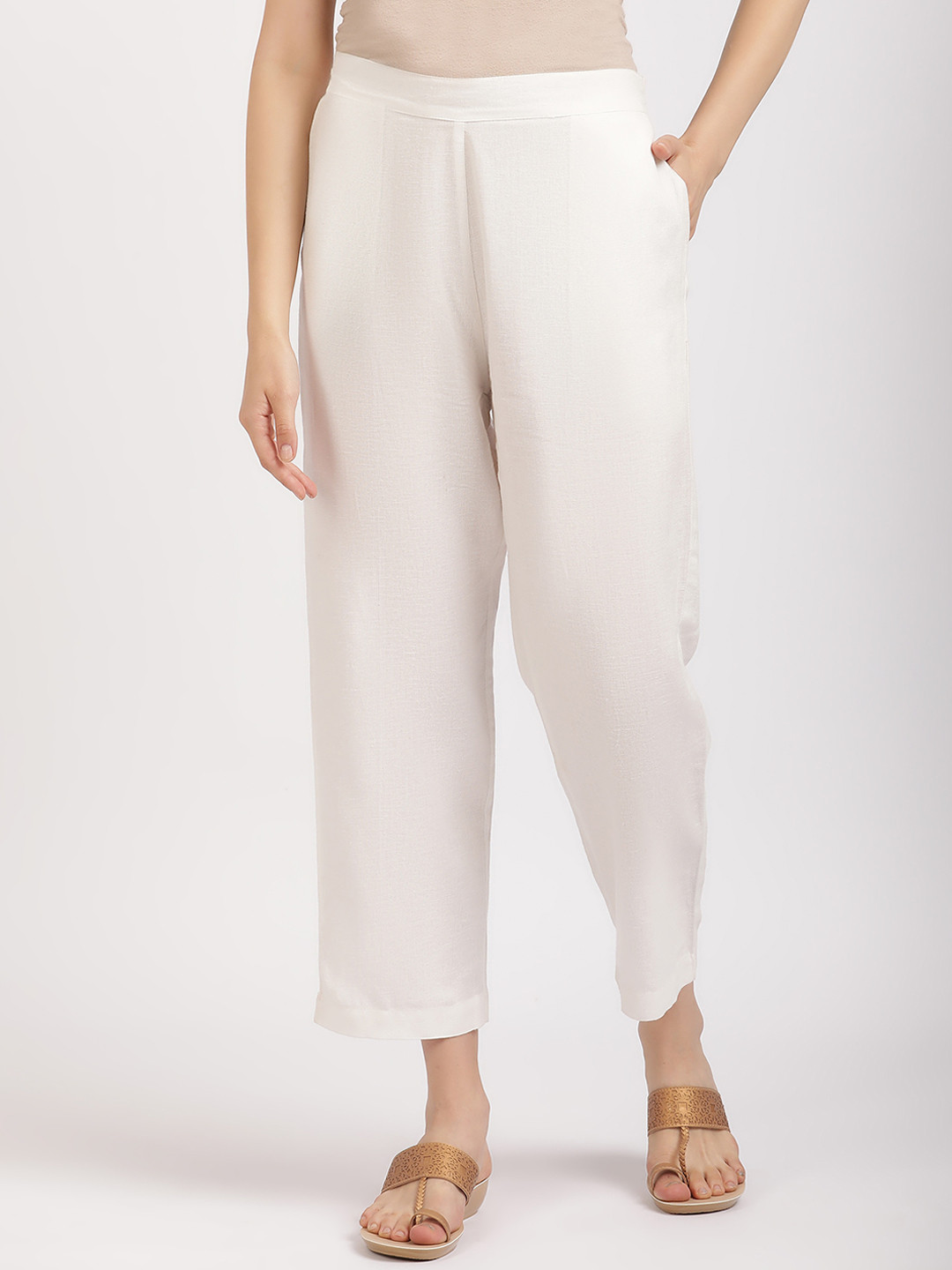 

Linen Club Woman Women Straight Fit Cropped Linen Parallel Trousers, White