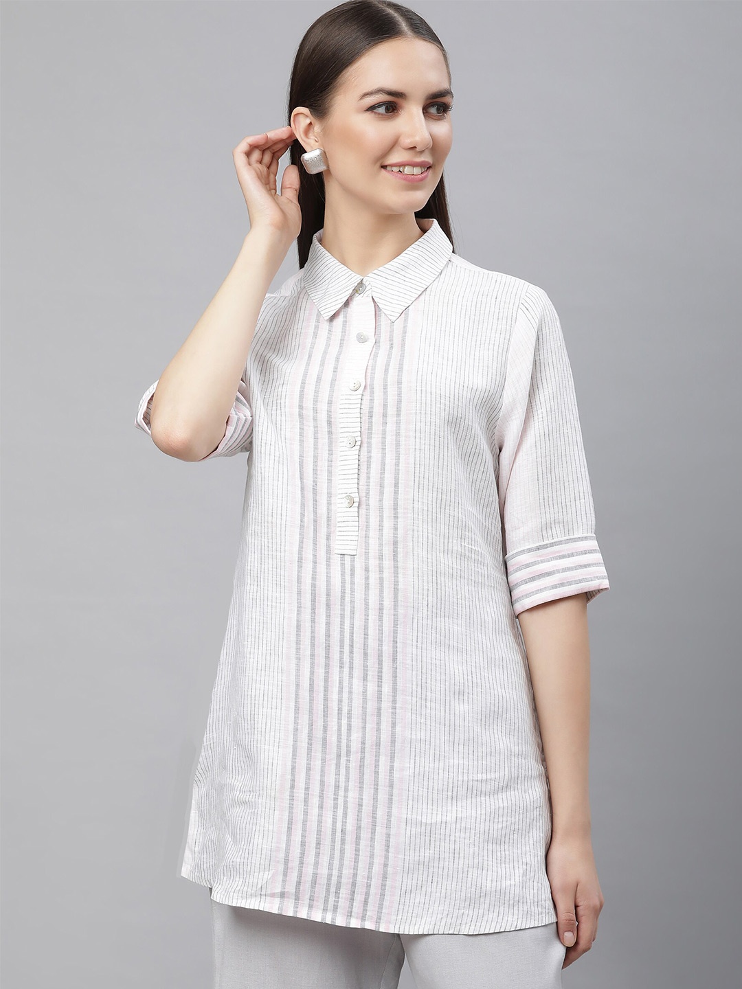 

Linen Club Woman Striped Shirt Collar Pure Linen Tunic, White