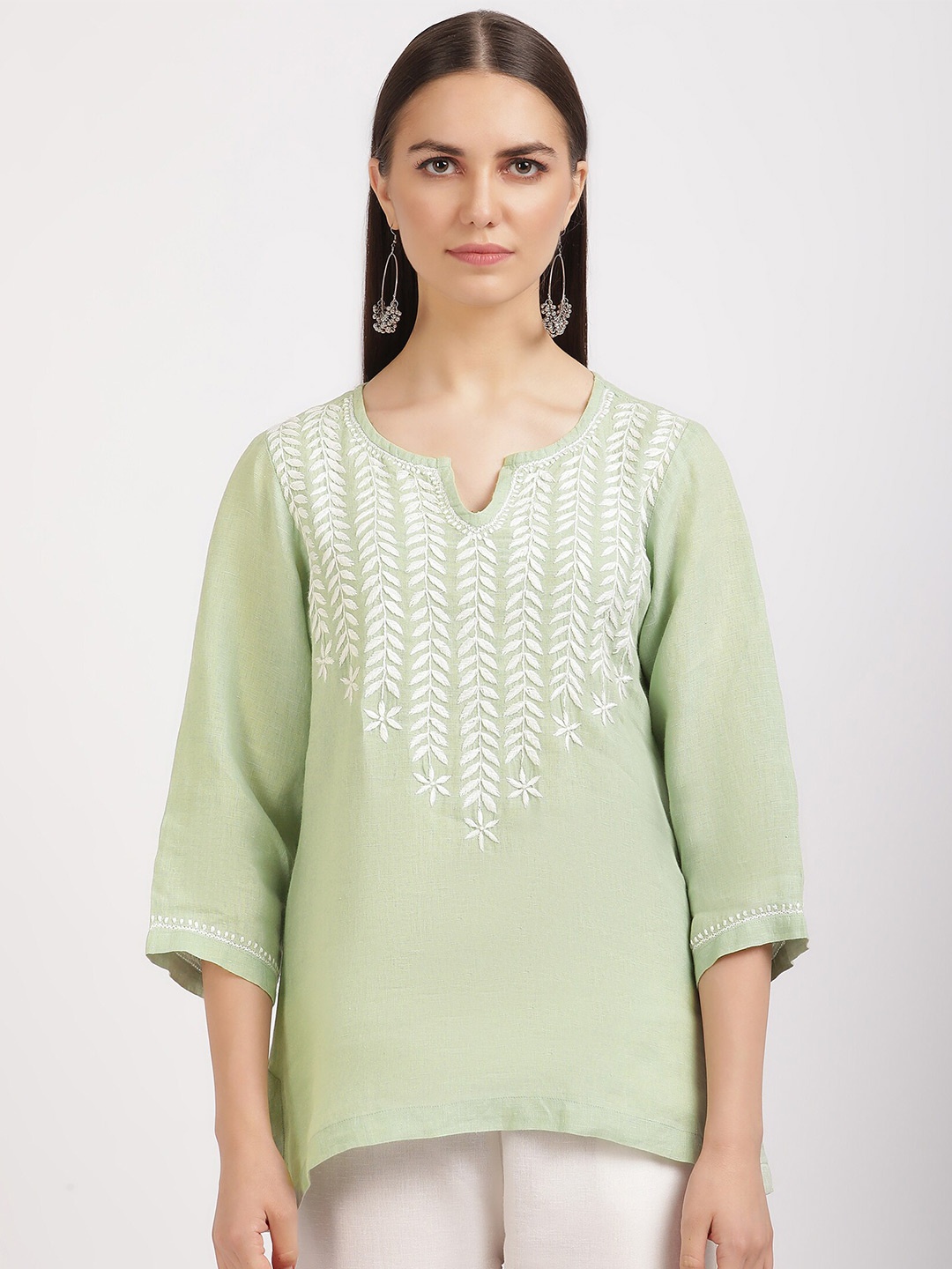 

Linen Club Woman Chikankari Embroidered Notched Round Neck Pure Linen Tunic, Green