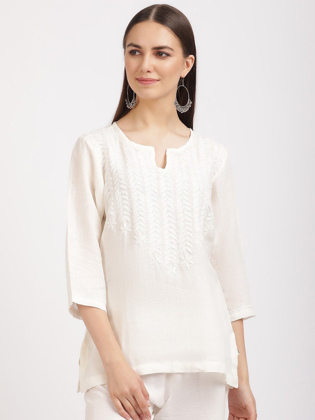 

Linen Club Woman Chikankari Embroidered Notched Round Neck Pure Linen Tunic, Off white