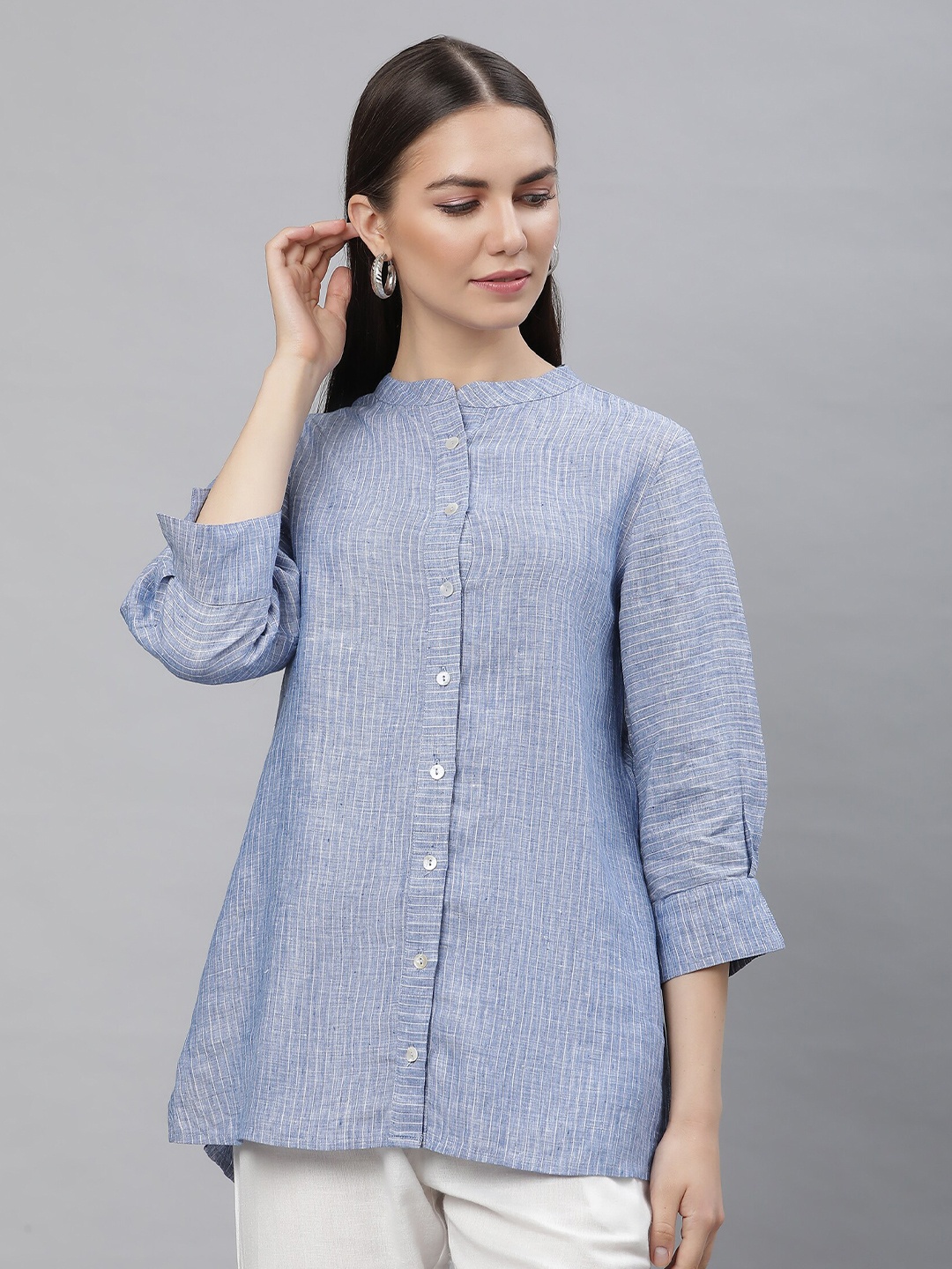 

Linen Club Woman Striped Mandarin Collar Linen Tunic, Blue