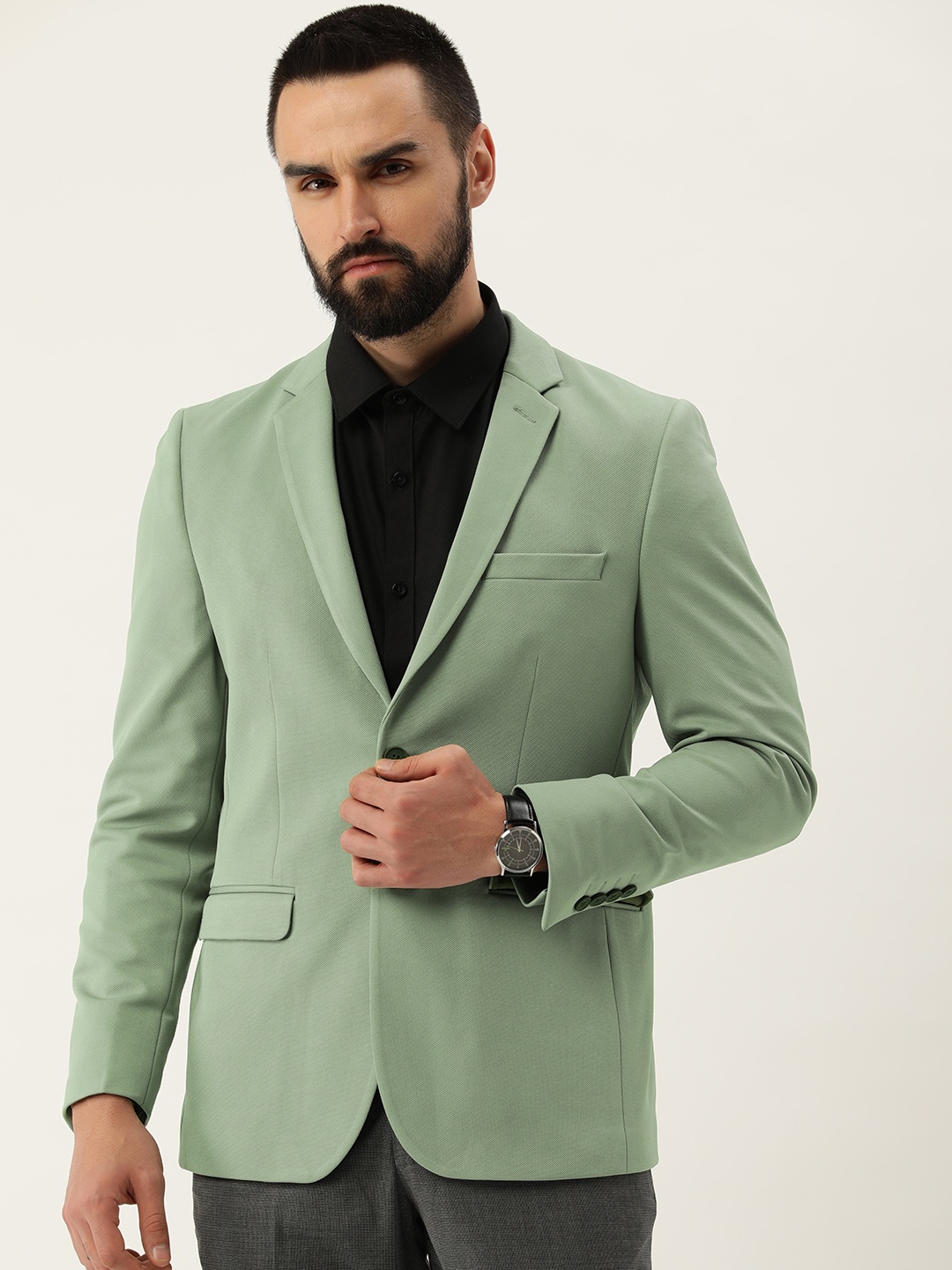 

Peter England Elite Self Design Textured Neo Slim Fit Single Breasted Formal Blazer, Green