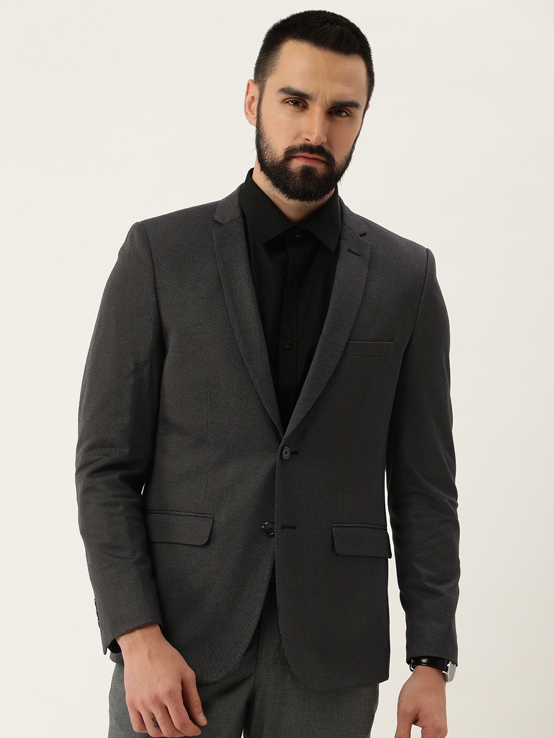 

Peter England Elite Self Design Textured Neo Slim Fit Single Breasted Formal Blazer, Black