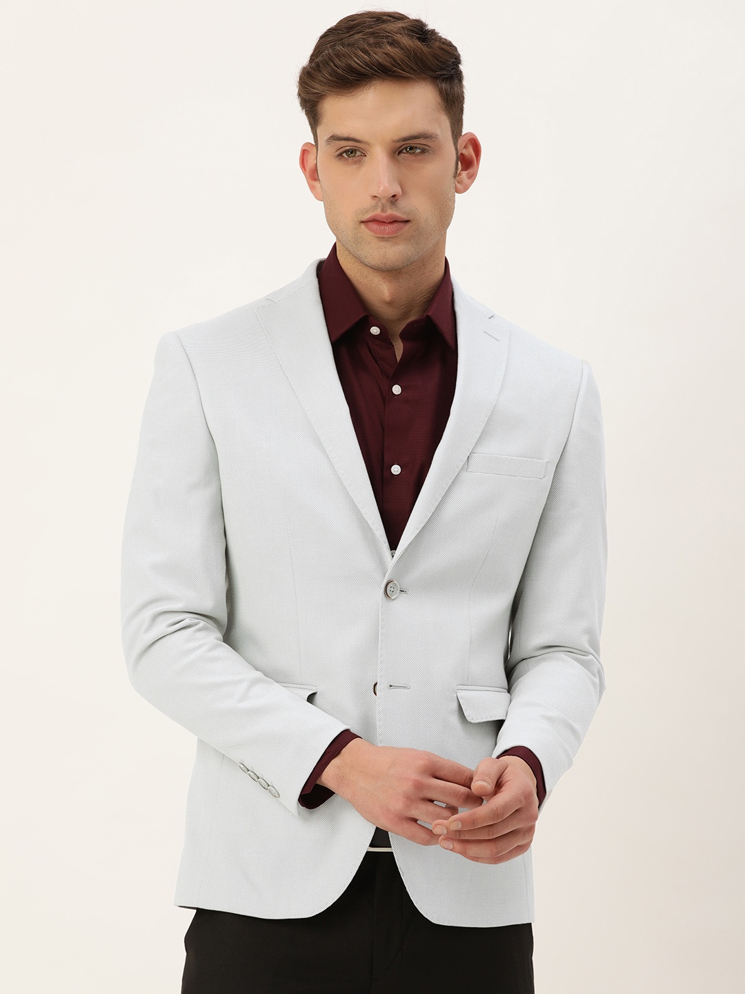 

Peter England Elite Slim Fit Self Design Single-Breasted Formal Blazers, Grey