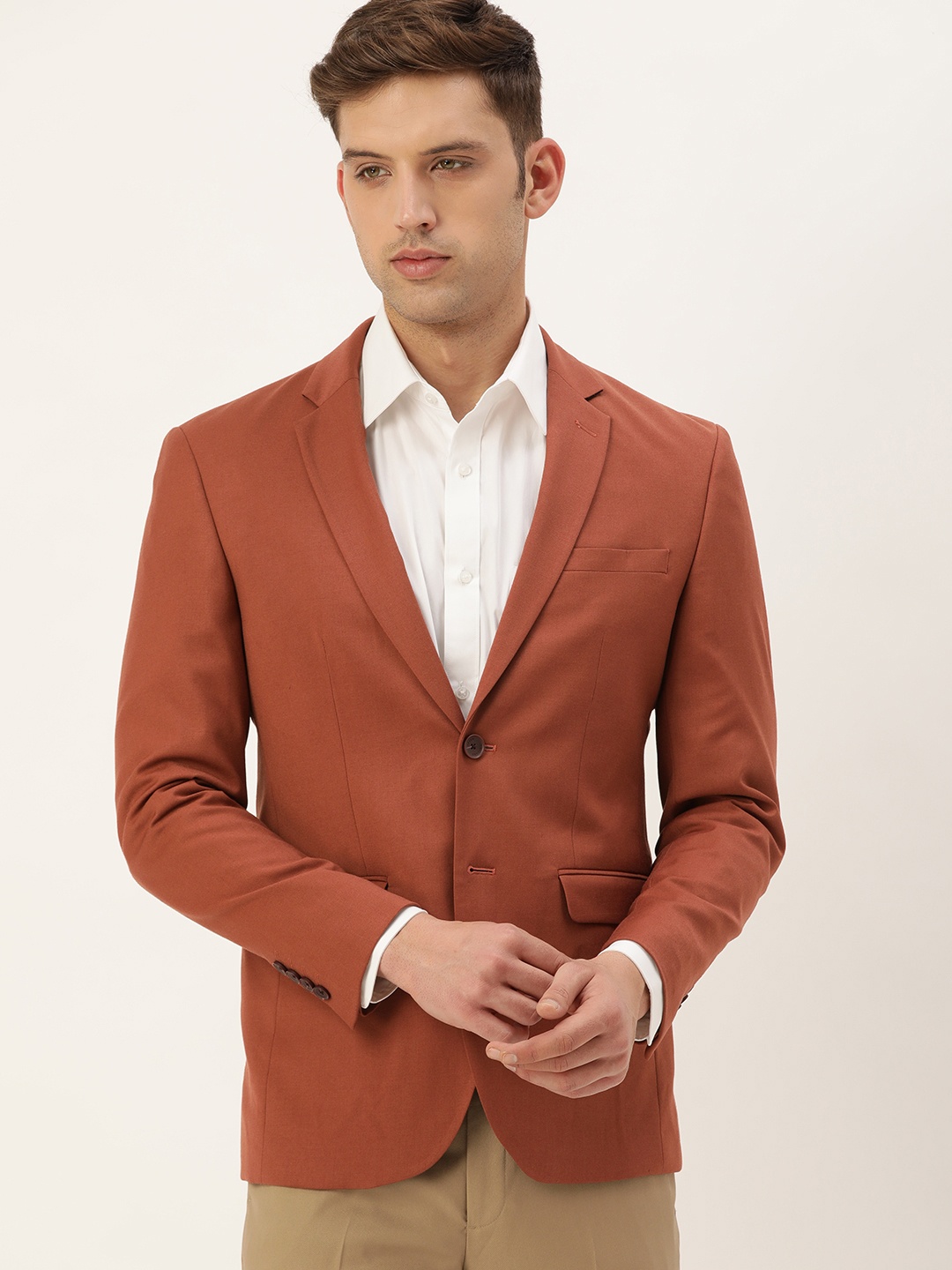 

Peter England Elite Slim Fit Single-Breasted Formal Blazers, Rust