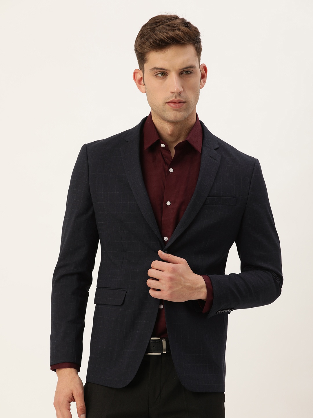 

Peter England Elite Slim Fit Checked Single-Breasted Formal Blazers, Navy blue