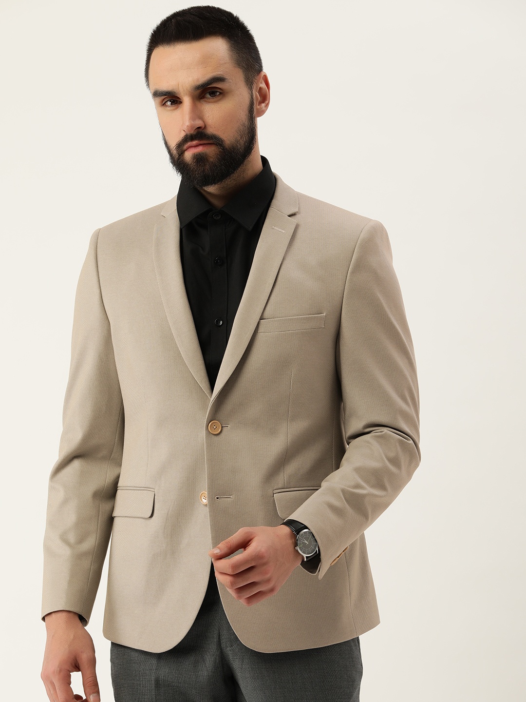 

Peter England Elite Self Design Slim Fit Single-Breasted Formal Blazers, Beige