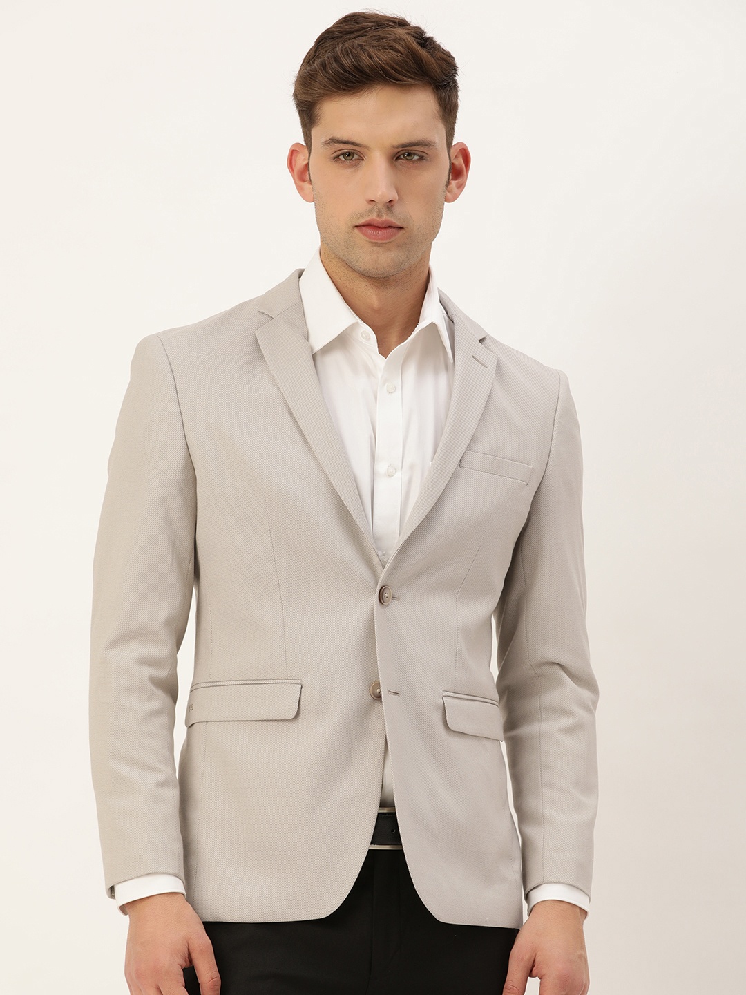 

Peter England Elite Slim Fit Self Design Single-Breasted Formal Blazers, Beige