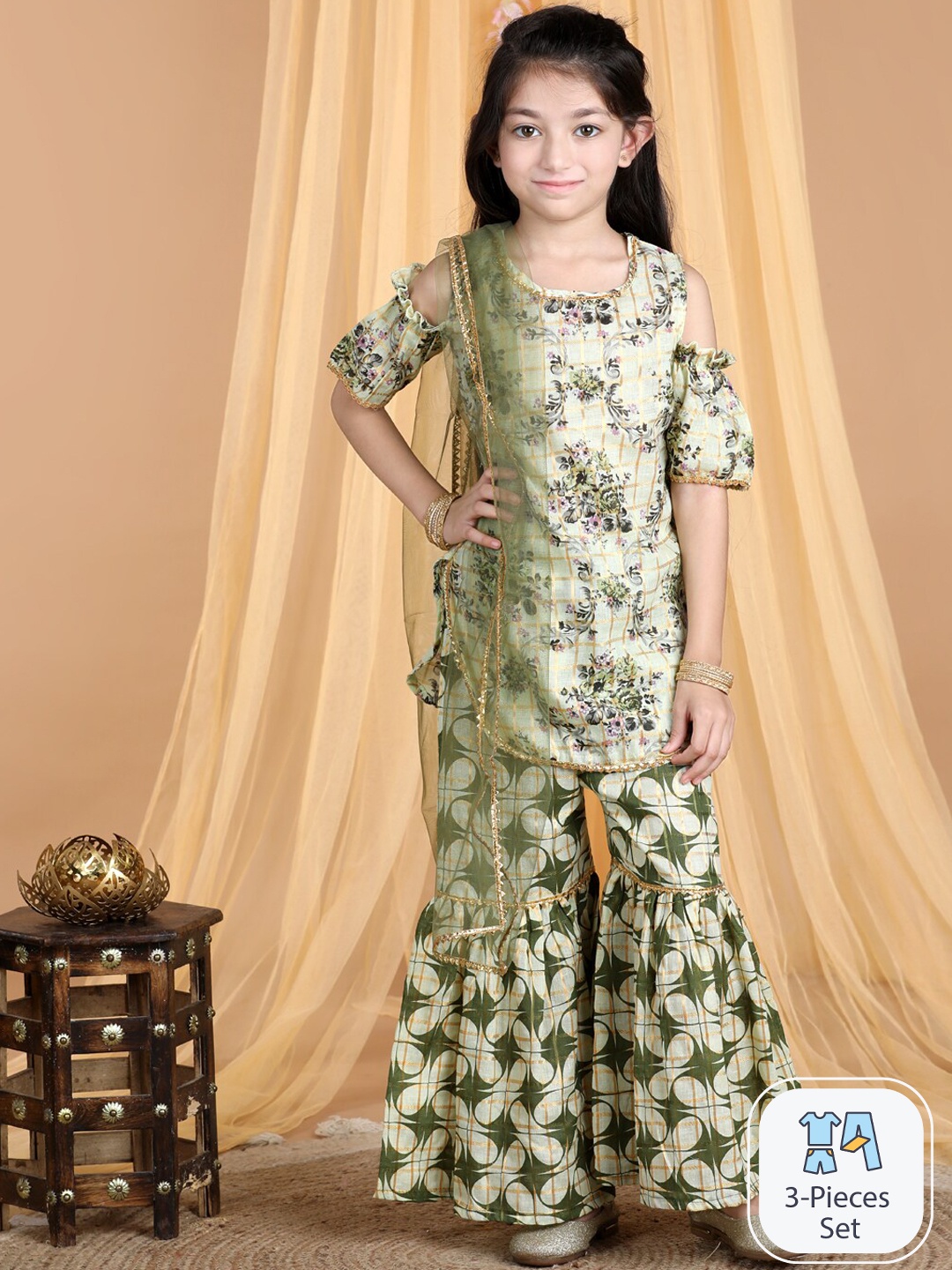 

Cutiekins Girls Floral Printed Regular Gotta Patti Kurti with Sharara & With Dupatta, Olive