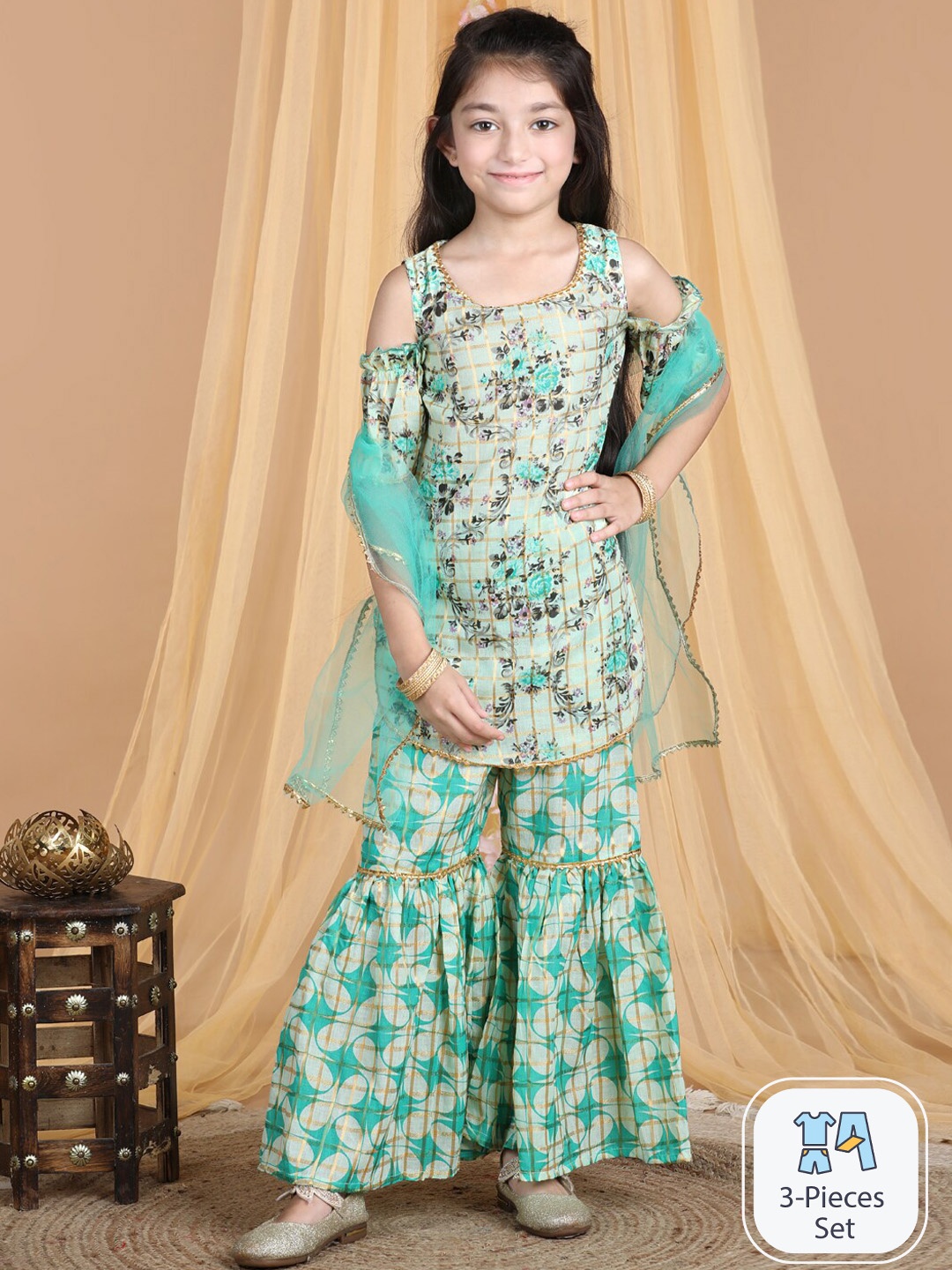 

Cutiekins Girls Floral Printed Regular Gotta Patti Kurta with Sharara & With Dupatta, Sea green