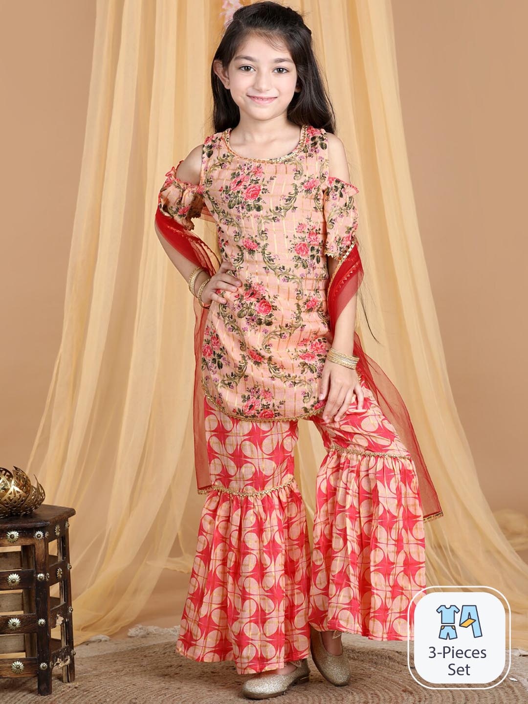 

Cutiekins Girls Floral Printed Regular Gotta Patti Kurta & Sharara With Dupatta, Peach