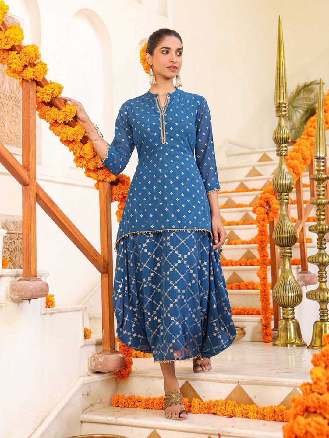 

Juniper Fit & Flared Georgette Printed Draped Maxi Dress, Blue