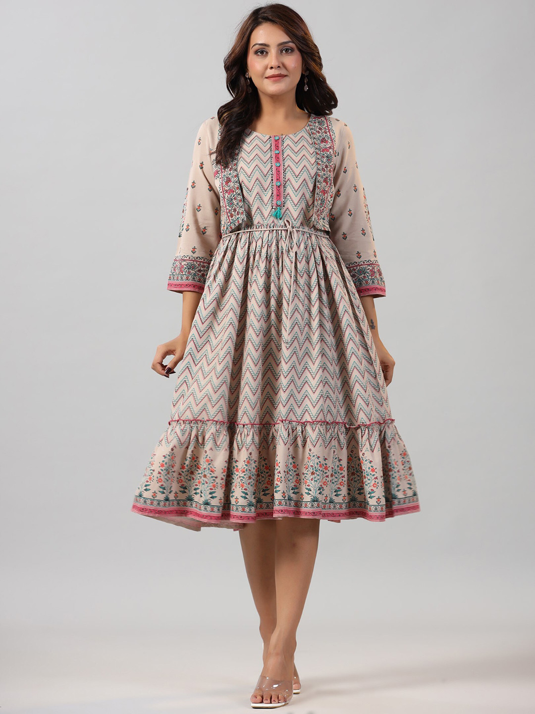 

Juniper Chevron Printed Jacket Style Midi Dress, Beige