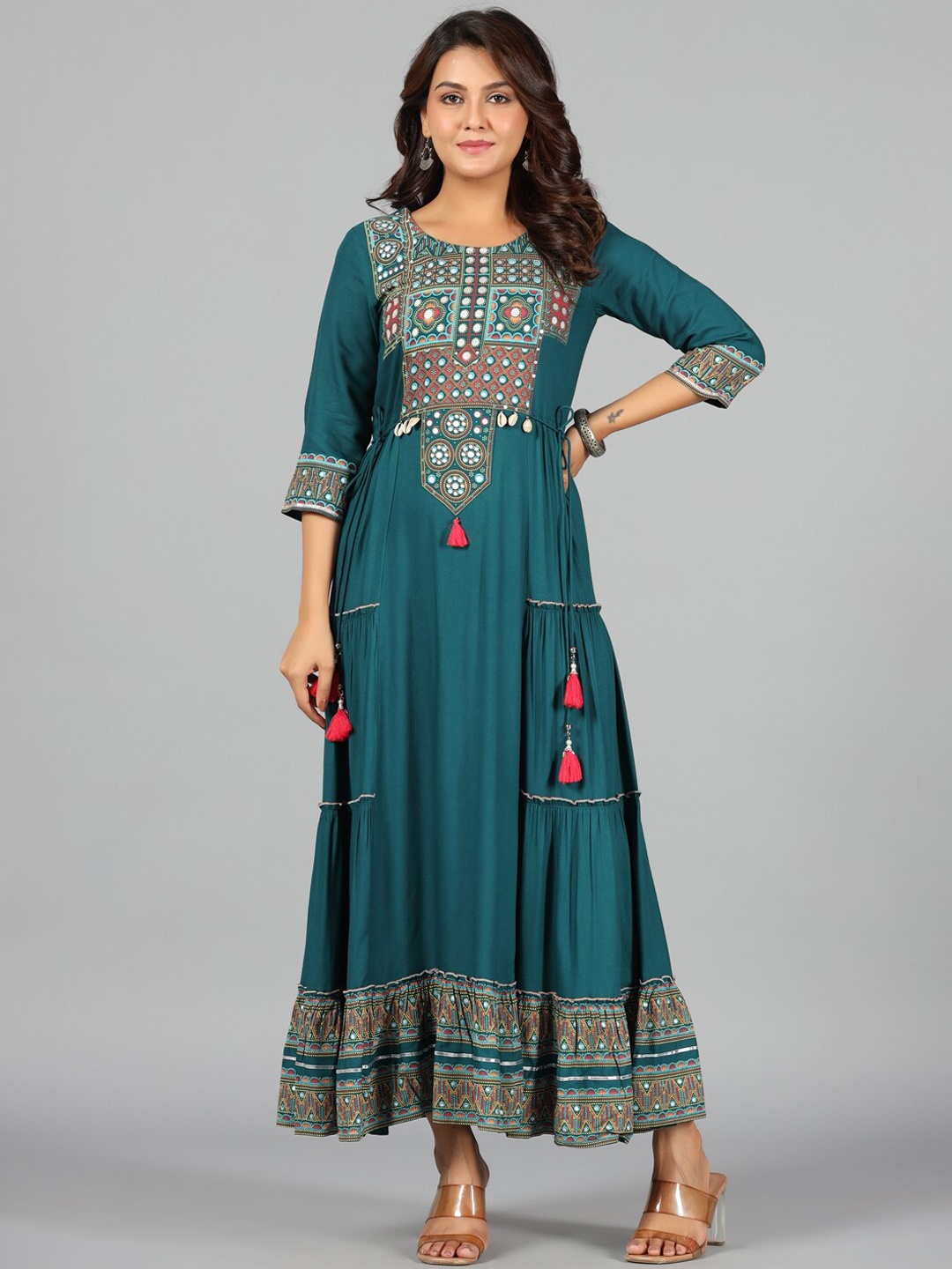 

Juniper Ethnic Motifs Embroidered Fit & Flared Maxi Dress, Teal