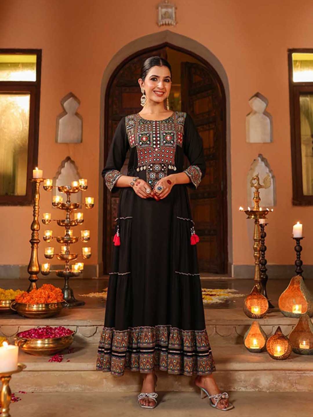 

Juniper Staple Ethnic Motifs Embroidered Tiered Maxi Dress, Black