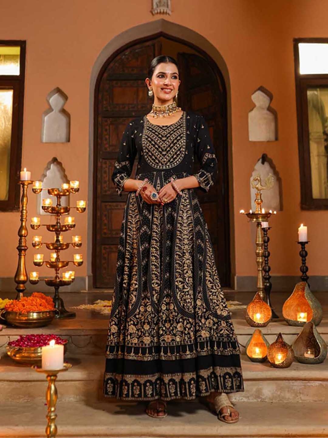 

Juniper Ethnic Motifs Printed Anarkali Dress, Black