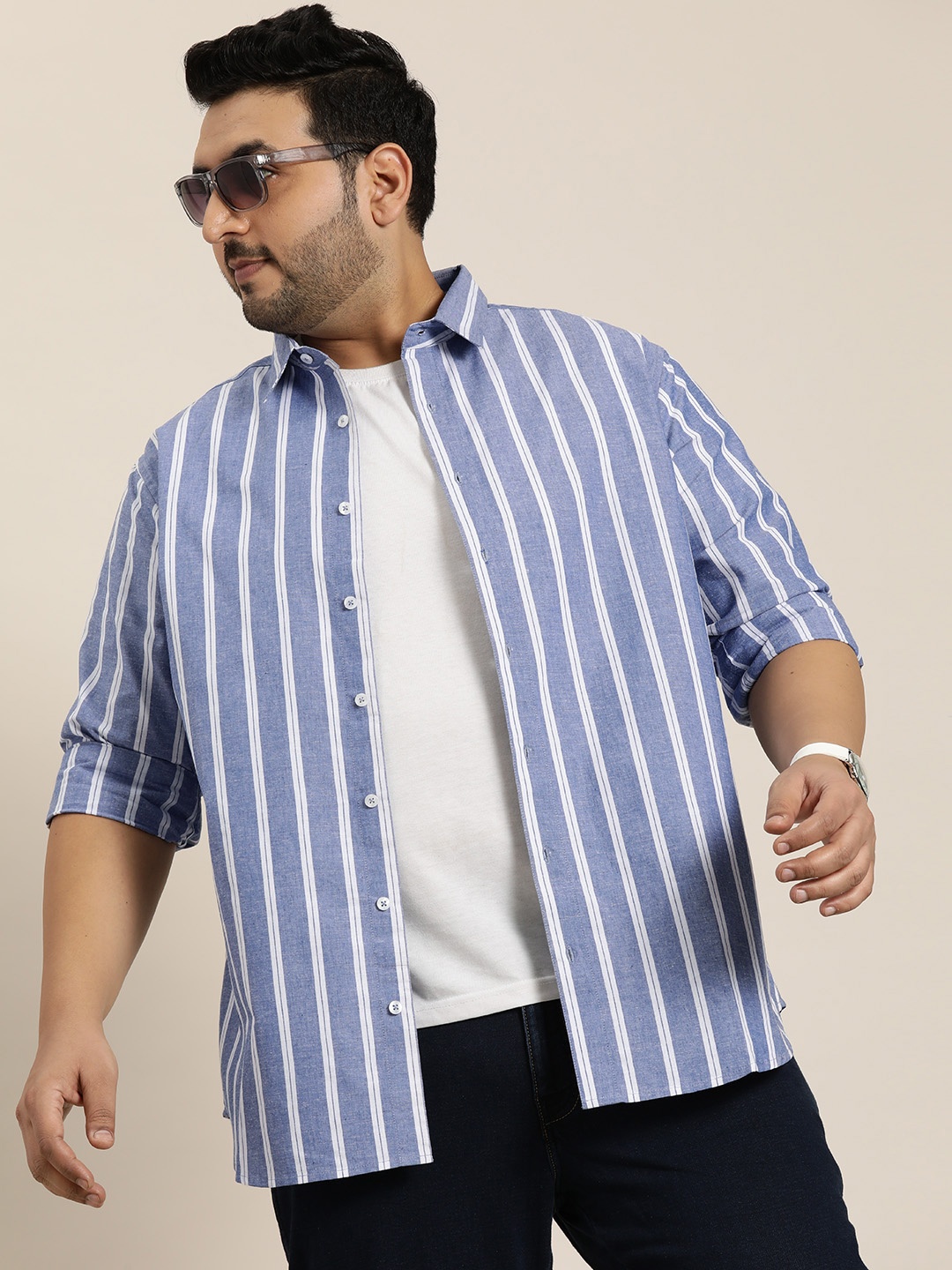 

Sztori Men Plus Size Original Opaque Striped Casual Shirt, Blue