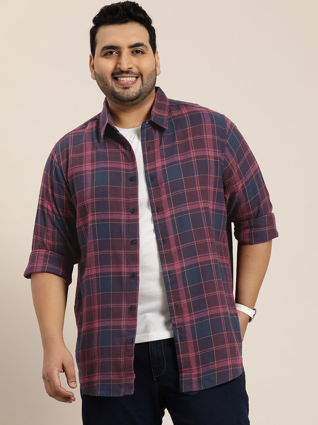 Sztori Men Plus Size Original Opaque Checked Casual Shirt, Maroon