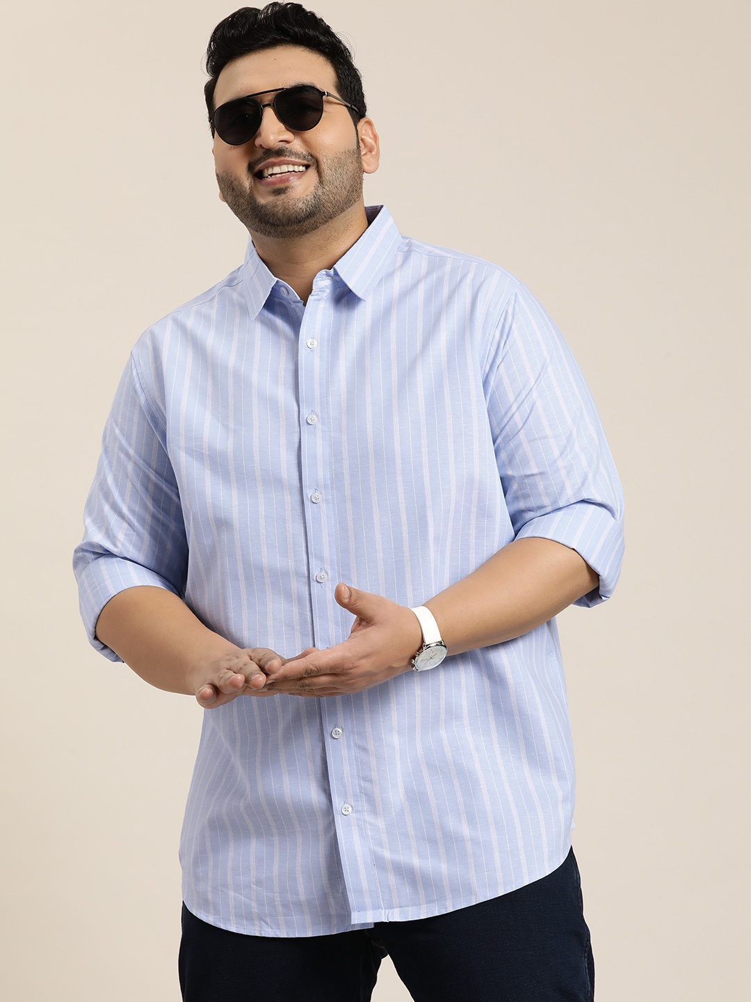 

Sztori Men Plus Size Original Opaque Striped Casual Shirt, Blue