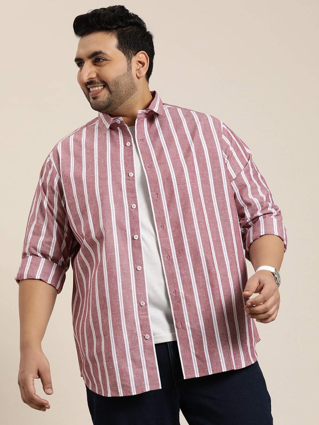 

Sztori Men Plus Size Original Opaque Striped Casual Shirt, Pink